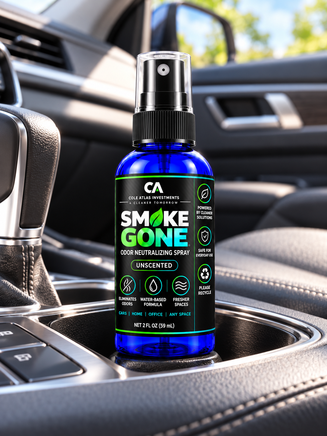 Smoke Gone odor neutralizing spray with final label in car console