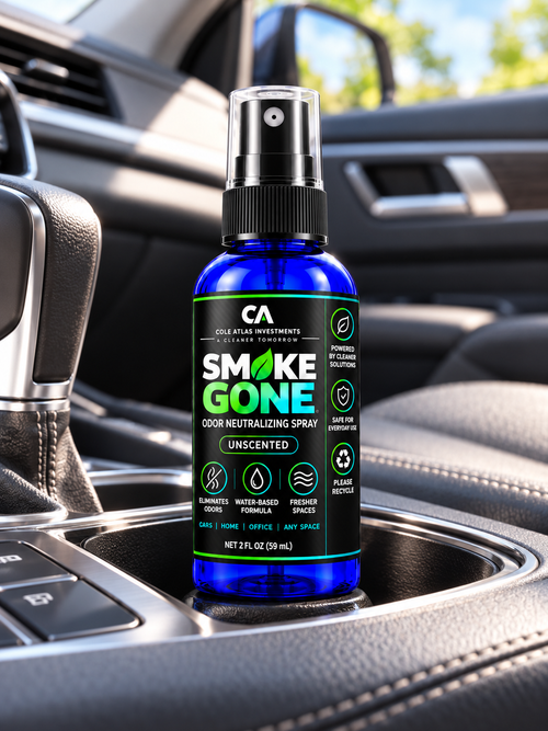 Smoke Gone odor neutralizing spray with final label in car console