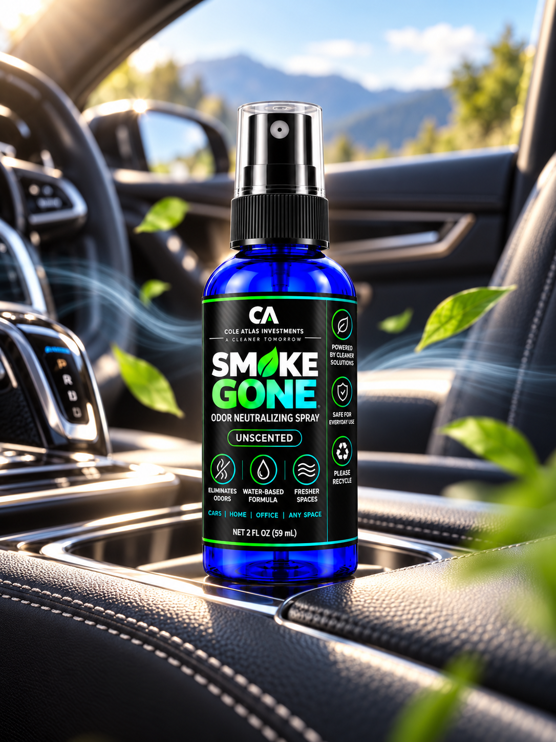 Smoke Gone 6-Pack with final label in car setting