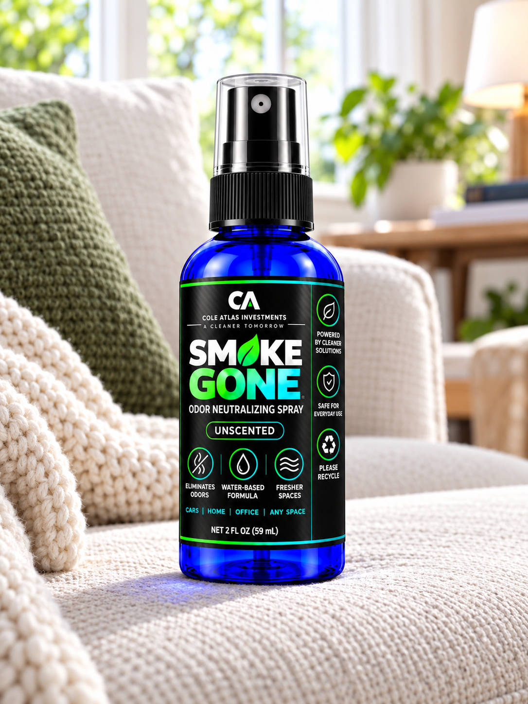Smoke Gone odor neutralizing spray with final label on home fabric